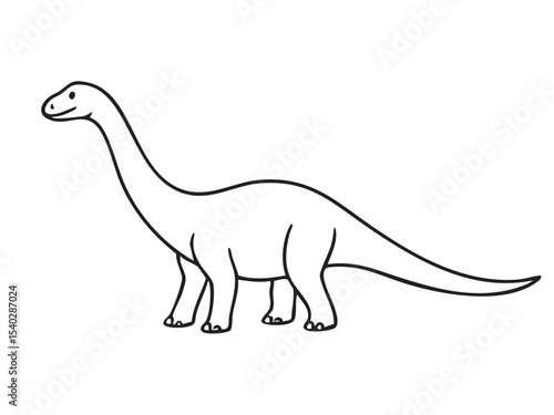 Black outline of Diplodocus dinosaur with long neck and tail, isolated on white background, graphic illustration. Concept of giant prehistoric herbivore, sauropod species, jurassic animal