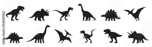 Set of Black silhouette of various dinosaurs in different poses, isolated on white background, graphic illustration. concept of prehistoric, extinct animals, paleontology, Icon Collection