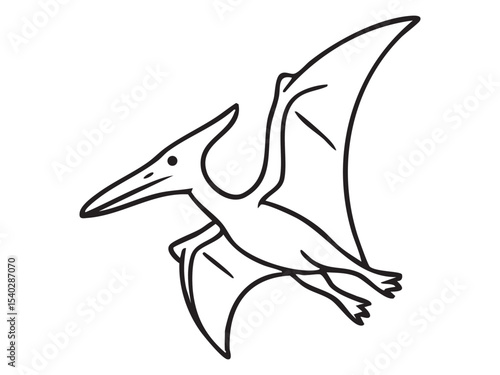Black outline of flying Pteranodon with long wings and head crest, isolated on white background, graphic illustration. Concept of prehistoric pterosaur, jurassic flying reptile, design element