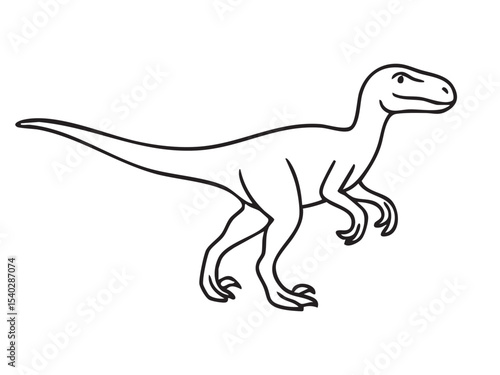 Black outline of Velociraptor dinosaur in aggressive stance, isolated on white background, graphic illustration. Concept of prehistoric predator, raptor species, jurassic animal design element