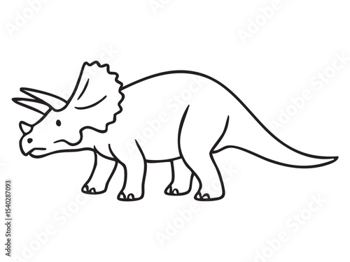 Black outline of triceratops dinosaur walking on white background, graphic illustration. concept of prehistoric animal, fossil, dinosaur icon, design element