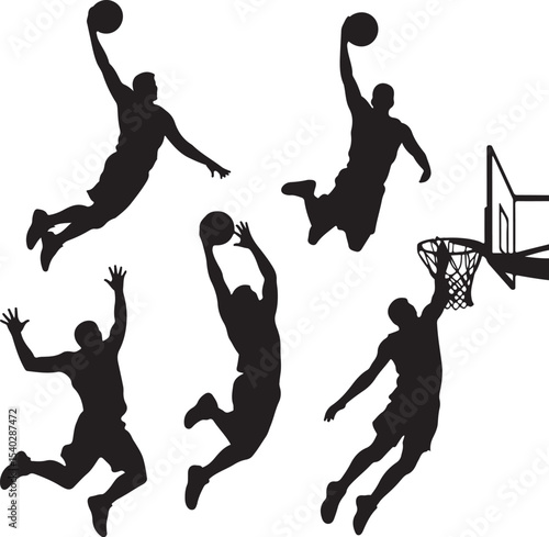 Basketball Slam Dunk Motion Sequence Silhouette — 5 Dynamic Frames of Jump, Flight, Dunk, and Landing — Black Vector Athlete Set on White