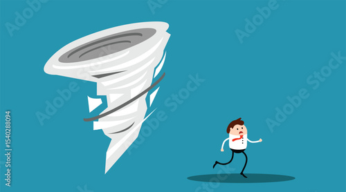 Business Man Character Running Away from Whirlwind Tornado. People, climatic calamities and weather conditions vector art