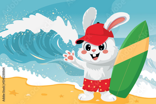 Cute cartoon bunny in red cap holding surfboard on tropical beach with big wave splash. Fun summer travel, surfing holiday, kids vacation concept. Horizontal vector illustration.