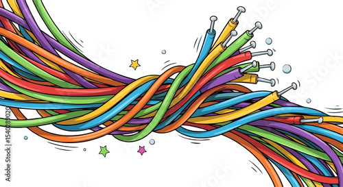 Colorful, intertwined cables with nails, representing connection and network.