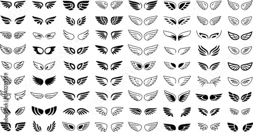 Collection of various black and white wing illustrations on a white background spread out evenly