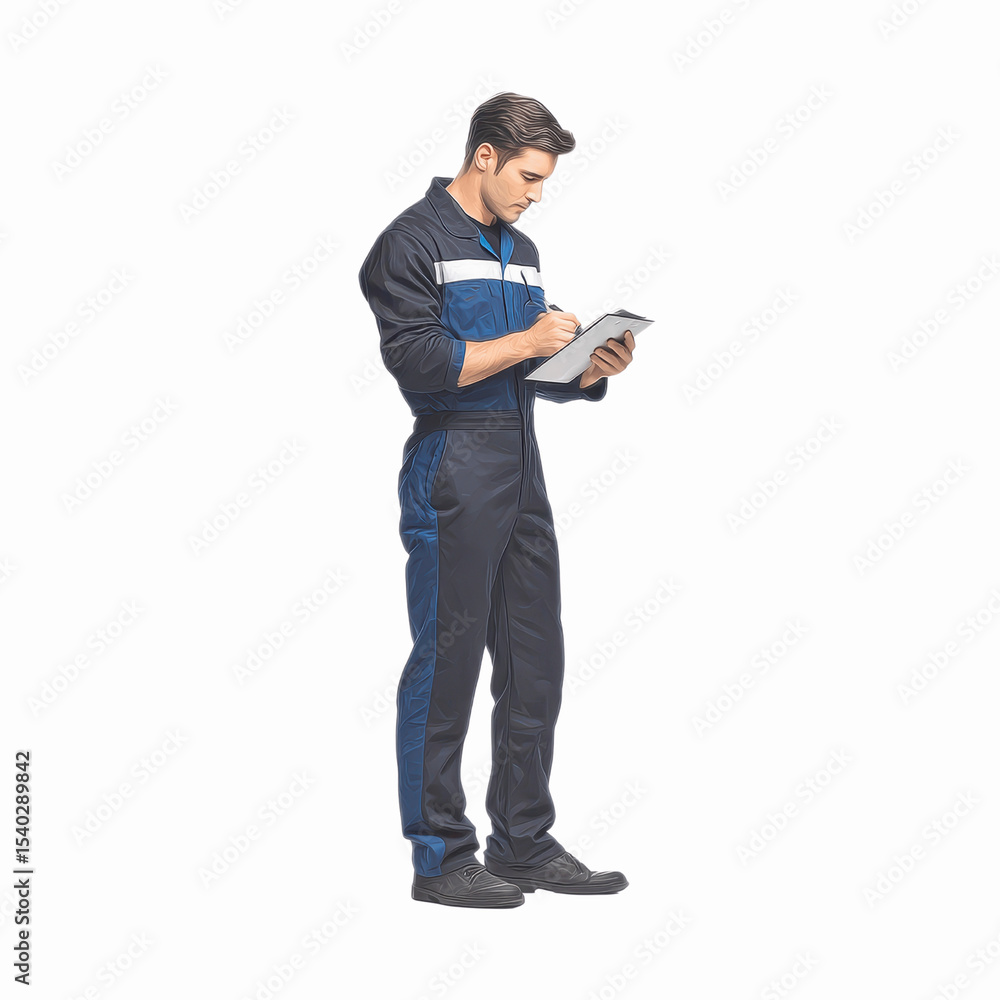 Focused Mechanic Reviewing Checklist on Clipboard Focused Mechanic Reviewing Checklist on Clipboard