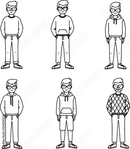 Stylish Men's Fashion Illustrations Diverse Outfit Combinations for Casual Wear