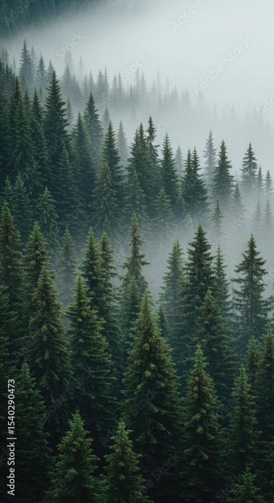 Misty Green Coniferous Forest Dense Evergreen Trees Misty Green Coniferous Forest Dense Evergreen Trees