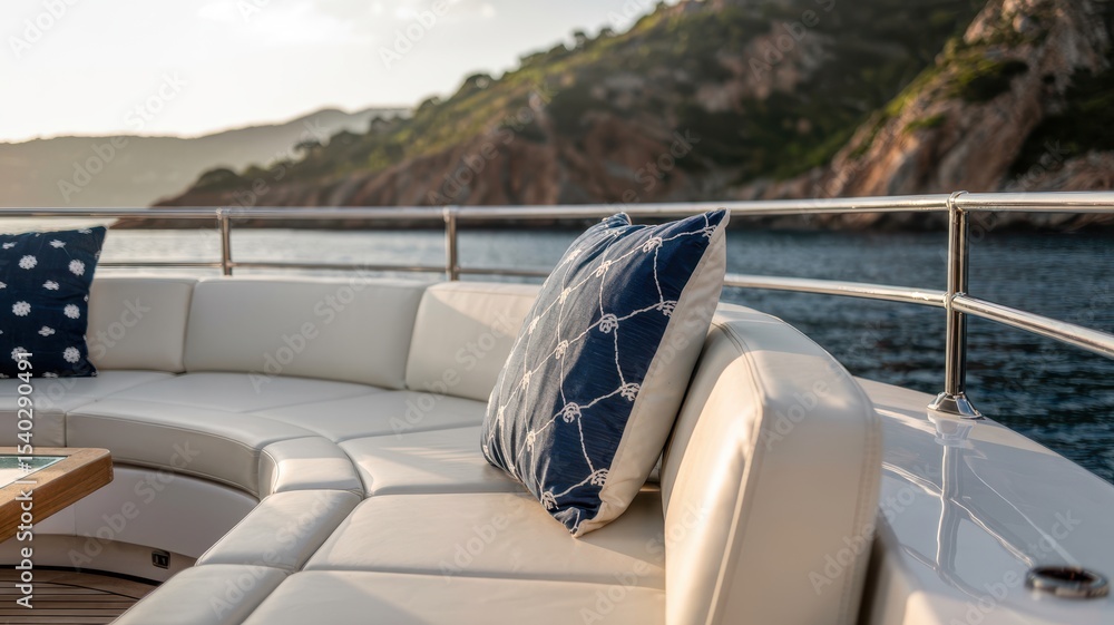 Fototapeta premium Elegant white leather seating on a luxury yacht deck, adorned with decorative cushions, overlooking a scenic rocky coastline during golden hour lighting.