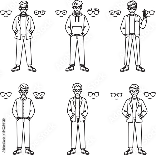 Stylish Men's Fashion Illustrations Outfit Combinations & Glasses Styles