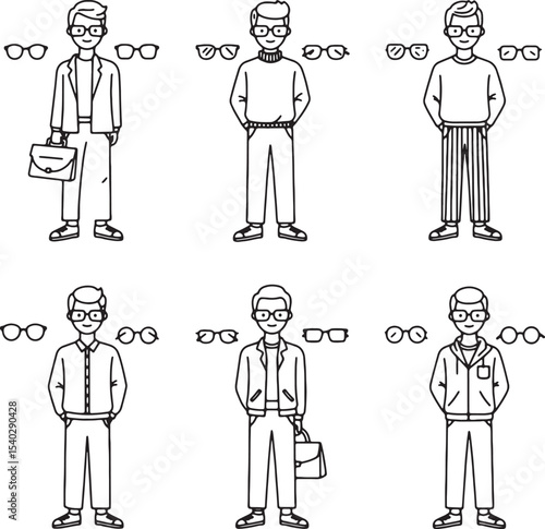Stylish Men's Fashion Illustrations Six Outfit Combinations with Glasses and Accessories
