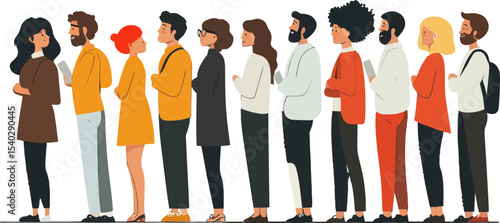 People Standing in Line: A diverse group of individuals patiently waits in a queue. each one immersed in their thoughts or activities, waiting for their turn.