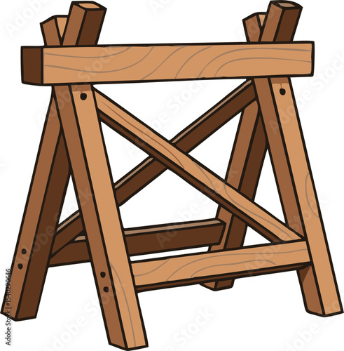 Detailed Cartoon Illustration of a Wooden Sawhorse with Cross-Bracing and Top Supports.