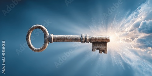 Antique key glowing with energy and clouds for inspiration, unlocking potential, and business solution concepts.