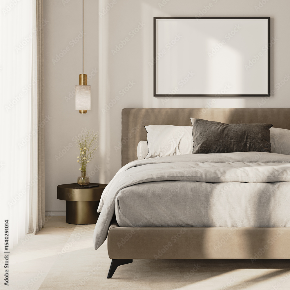 Fototapeta premium horizontal picture frame mock-up above bed in modern bedroom interior, 3d render