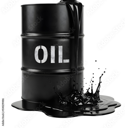 Black oil barrel with the word 'OIL' printed on it. Oil is spilling out and creating a puddle on a transparent background.