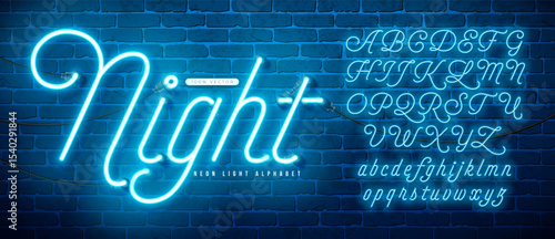 Glowing Neon Light Alphabet with Cable and Shadow on Vintage Brick Wall Background. Retro Vector Font Collection with Shiny Bright Lights. ABC, Written Lowercase and Uppercase Letters Design for