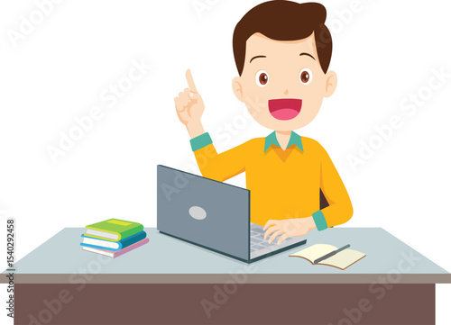 Innovative Solution: A student, captivated by his laptop's display, beams with a vibrant eureka moment. Surrounded by books and a notebook, the scene captures a blend of excitement, education.