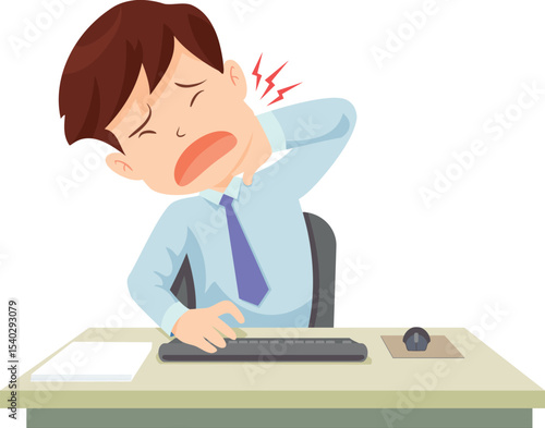 Neck Pain at Work: An illustration of a man experiencing neck pain while working at his desk, highlighting the physical strain of prolonged computer use.