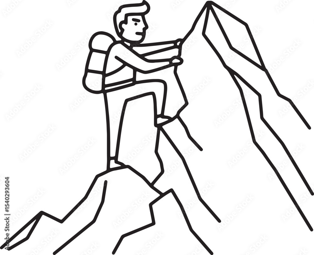 Fototapeta premium Climber Ascending Rocky Peak A Line Art Illustration of Perseverance and Mountain Climbing