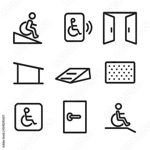 Accessible Entrance Icons. Outline icon set of wheelchair accessible entrances: ramp, automatic door button, wide doorway,
