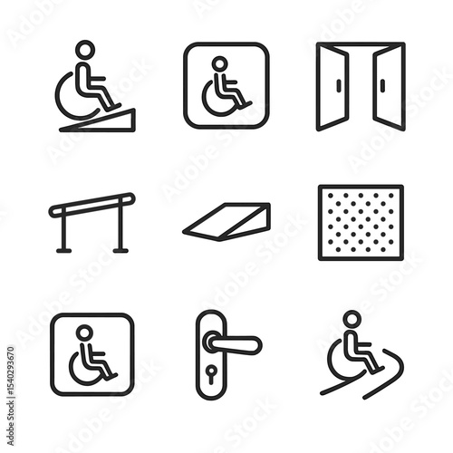Accessible Entrance Icons. Outline icon set of wheelchair accessible entrances: ramp, automatic door button, wide doorway,