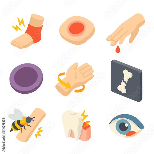 Acute Injury Icons. Isometric Flat icon set of acute injury scenarios: sprained ankle, burn mark, cut with blood drop, bruise