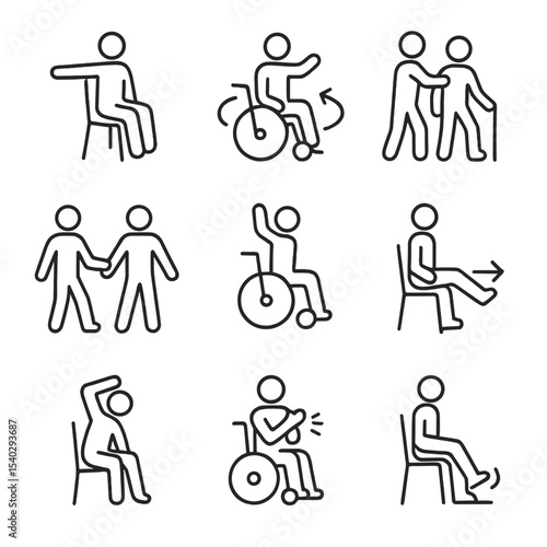 Adaptive Dance Icons. Outline icon set of adaptive dance moves: seated twist, wheelchair spin, assisted lift, side-by-side step,