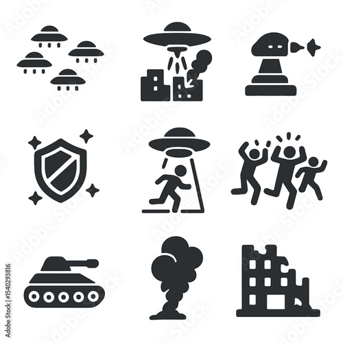 Alien Invasion Icons. Flat icon set of alien invasion scenarios: swarm of fighters, city skyline under attack, defensive turret,