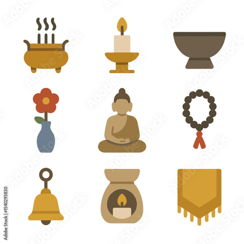 Altar Items Icons Set. Flat icon set of altar items: incense burner, candle holder, offering bowl, Buddha statue, flower vase,