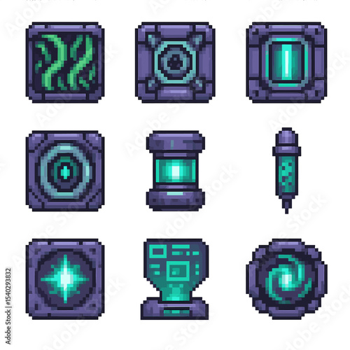 Alien Tech Interface Icons. Pixel art icon set of alien technology interfaces: bio-organic panel, neural link socket, energy