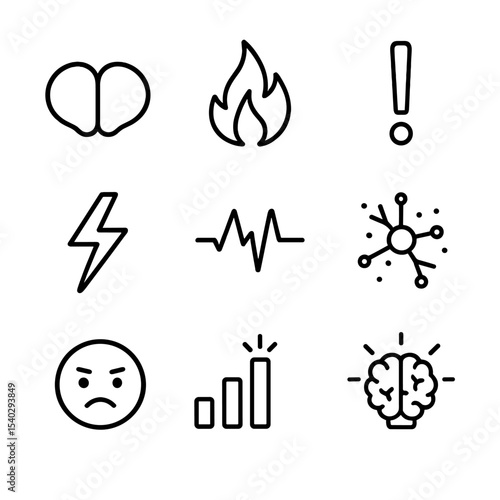 Amygdala Hyperactivity Icons. Outline icon set of amygdala hyperactivity: amygdala shape, flame, exclamation mark, lightning bolt,