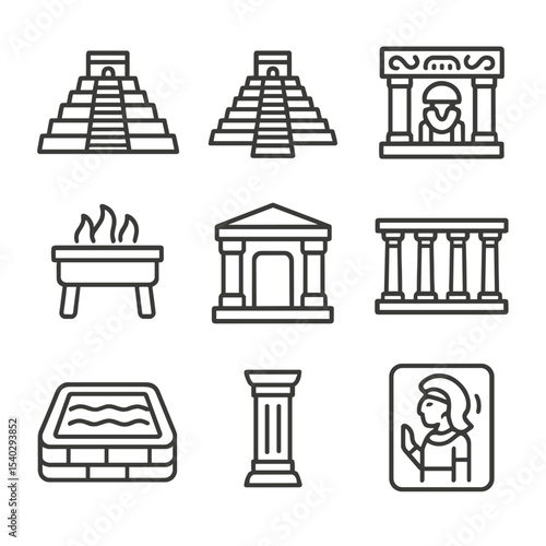 Ancient Temple Icon Set. Outline icon set of ancient temple architecture: ziggurat, stepped pyramid, lintel carving, sacrificial