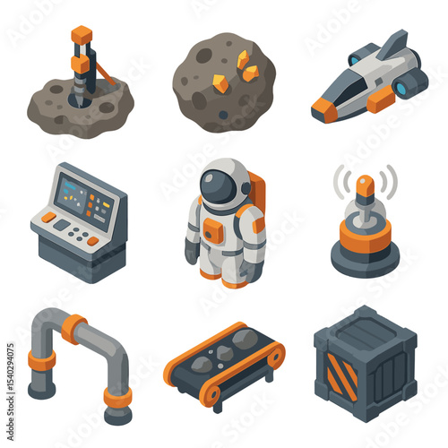 Asteroid Mining Icon Set. Isometric Flat icon set of asteroid mining operations: drilling rig, ore sample, mining vessel, space