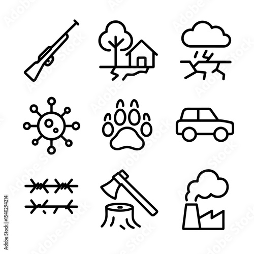 Baboon Conservation Icon Set. Outline icon set of baboon conservation threats: poacher rifle, habitat loss icon, drought cloud,