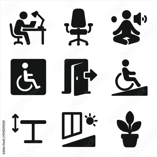 Accessible Design Icons. Solid, filled icons set of accessible design and layout: open workspace, ergonomic