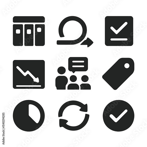 Agile Management Icons. Solid, filled icons set of agile project management: kanban board, sprint icon, task