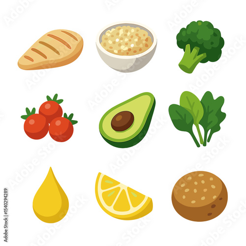 Balanced Meal Icons. Isometric Flat icon set of balanced meal components: grilled chicken breast, quinoa bowl, steamed broccoli,