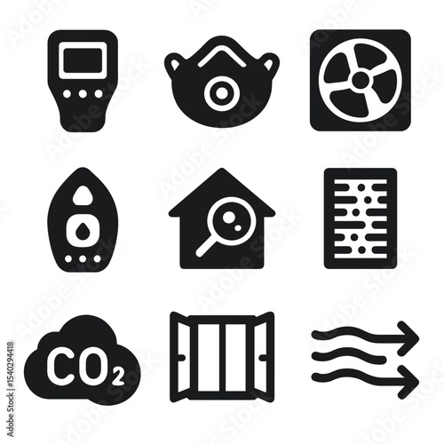 Air Quality Icons. Solid, filled icons set of air quality and safety: air quality monitor, dust mask, vent fan