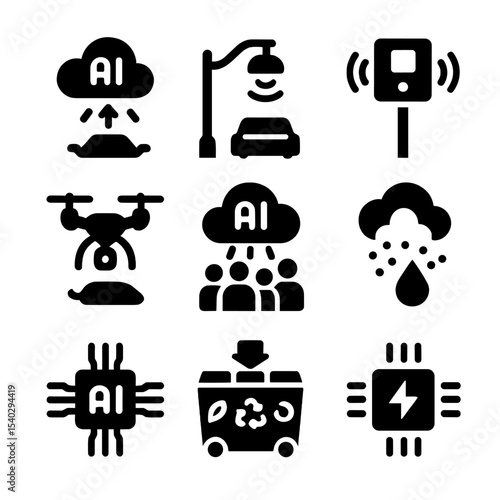 AI Smart City Icons. Solid, filled icons set of smart cities powered by AI: traffic prediction, smart lamp,
