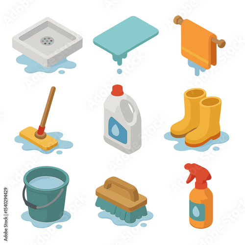 Bathroom Cleaning Essentials. Isometric Flat icon set of Bathroom Water Overflow: shower floor drip, bath mat, towel, mop, bleach