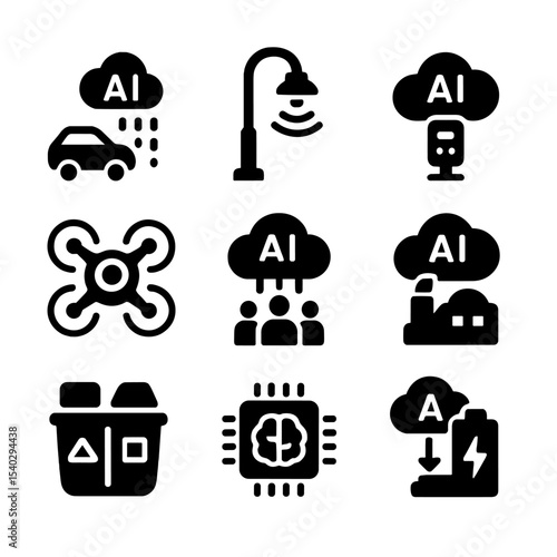 AI Smart City Icons. Solid, filled icons set of smart cities powered by AI: traffic prediction, smart lamp,