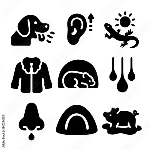 Animal Temperature Regulation Icons. Solid, filled icons set of animal temperature regulation: panting dog,