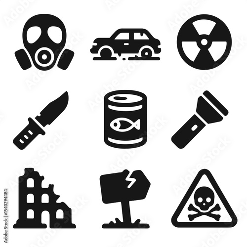 Apocalypse Icon Set. Solid, filled icons set of post-apocalyptic adventure: gas mask, abandoned car, radiation