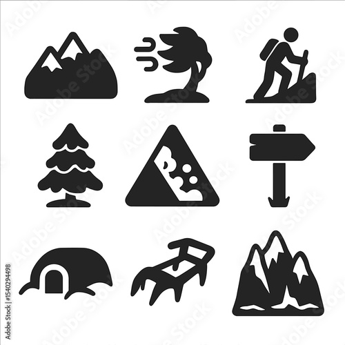 Alpine Icon Set. Solid, filled icons set of alpine and high-altitude pine zones: snow-capped peaks, wind-swept