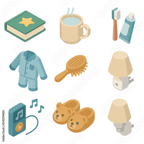 Bedtime Routine Icons. Isometric Flat icon set of bedtime routine items: storybook, warm milk mug, toothbrush, toothpaste tube,