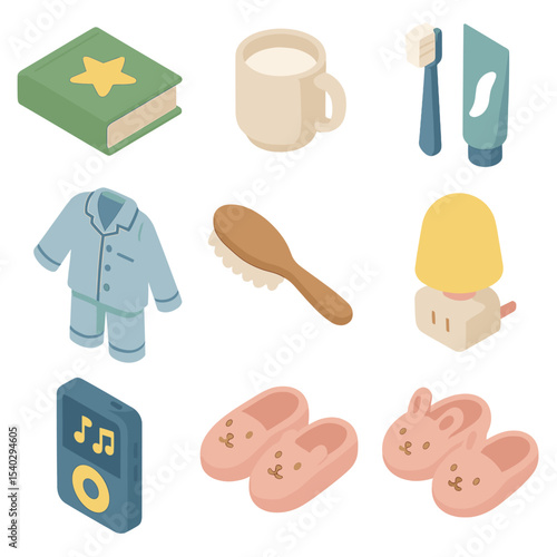 Bedtime Routine Icons. Isometric Flat icon set of bedtime routine items: storybook, warm milk mug, toothbrush, toothpaste tube,