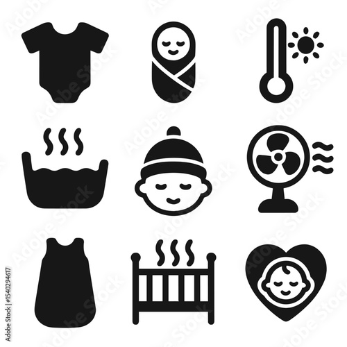Baby Temperature Icons. Solid, filled icons set of infants and temperature regulation: baby onesie, swaddle