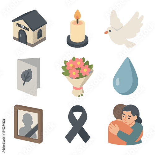 Bereavement Support Icons. Isometric Flat icon set of bereavement support elements: funeral home, burning candle, white dove,
